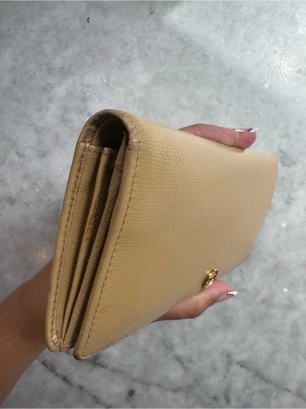CHANEL Beige Leather Long Wallet with Gold CC Button